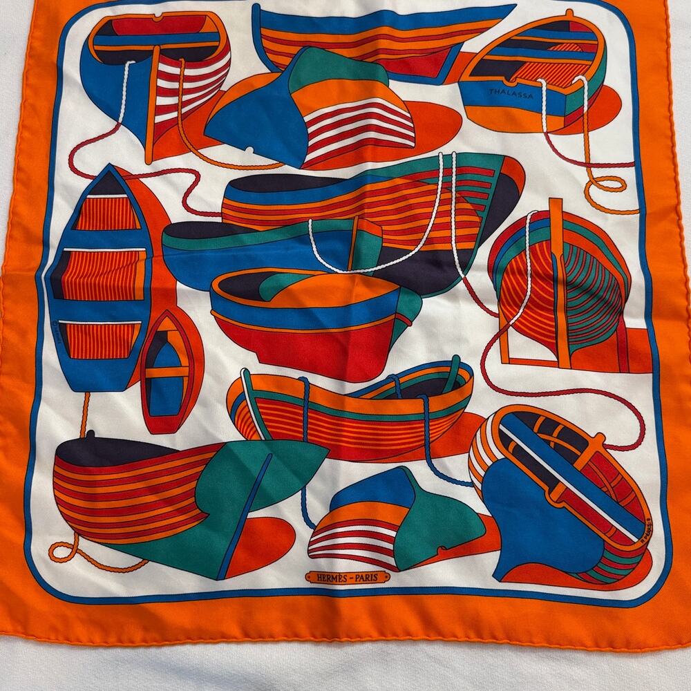 Hermes Paris "Thalassa" 100% Silk Vintage Rolled Edge Pocket Square Scarf c1973